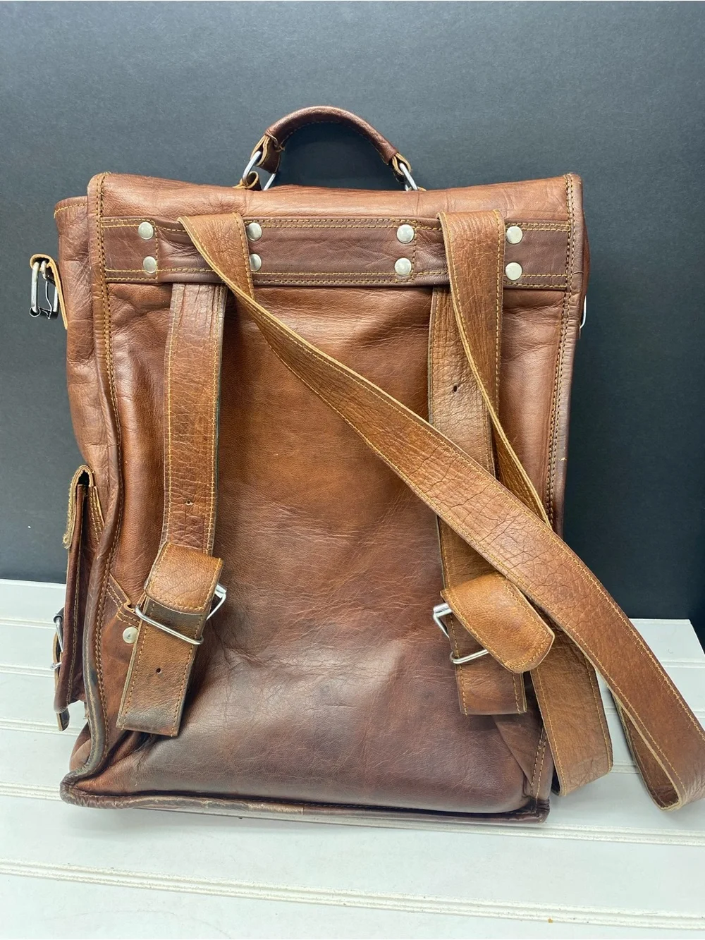 MaheTri Historic Brown Leather Backpack Messenger Bag
